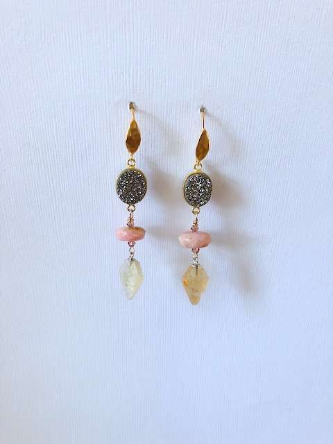 A Charcoal Druzy, Citrine, Pink Opal, Gold Earring